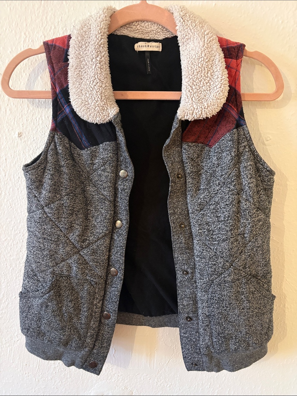 Check & Stripe Sherpa-Trim Quilted Vest in Gray & Red Plaid